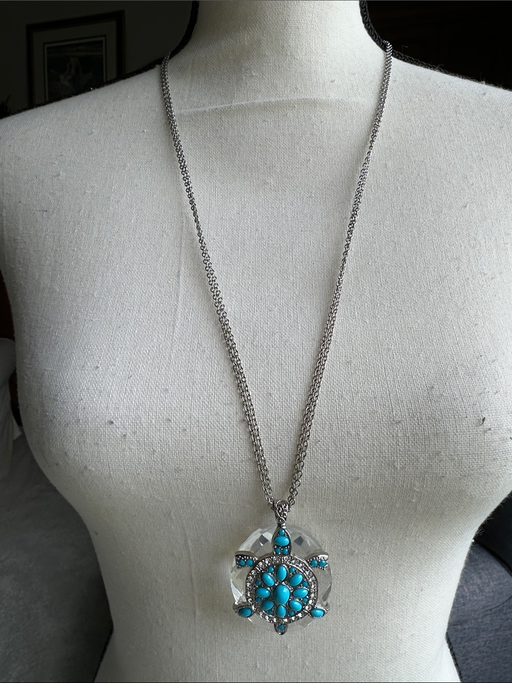 Vintage Style Faux Turquoise Clear Crystal Sea Turtle Pendant Necklace